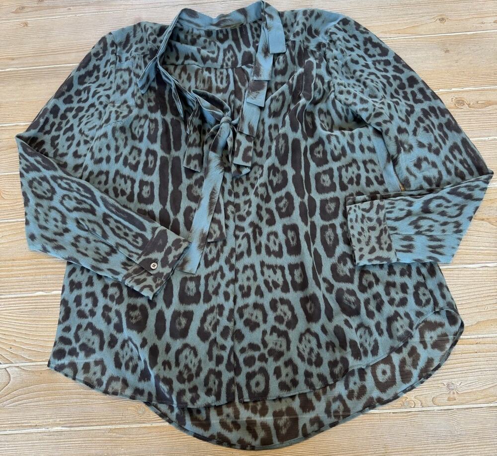 Roberto Cavalli US Sz 10 46 Blue Black Leopard Print Silk Long Sleeve Blouse Top